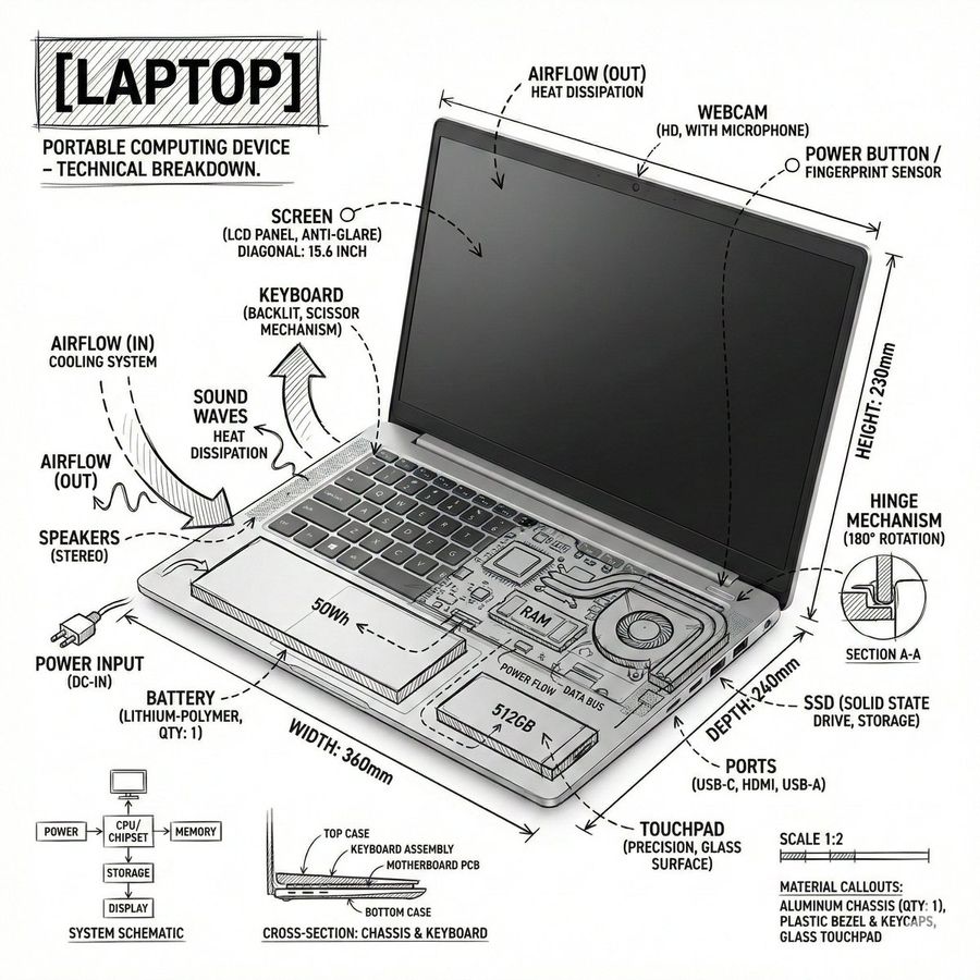 Technical Infographic Overlay On A Laptop Image — Nano Banana Pro image prompt example