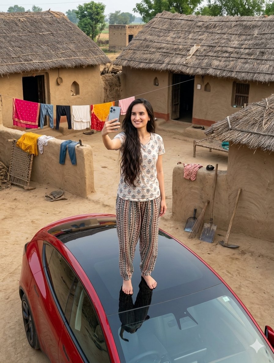 Tesla Car Rustic Village Juxtaposition — Nano Banana Pro image prompt example
