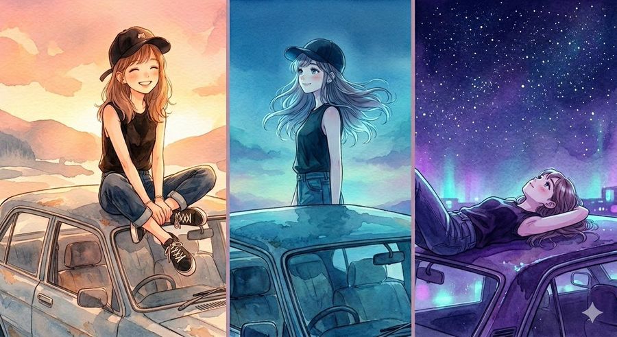 Three Panel Anime Watercolor Split Composition Prompt For Nano Banana Pro — Nano Banana Pro image prompt example