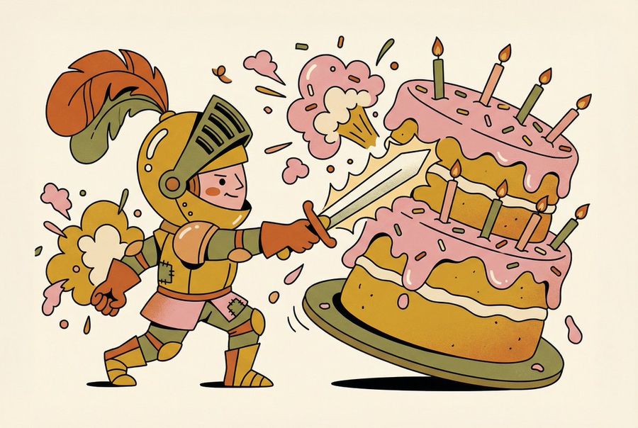 Tiny Medieval Knight Vs  Towering Pink Birthday Cake — Nano Banana Pro image prompt example