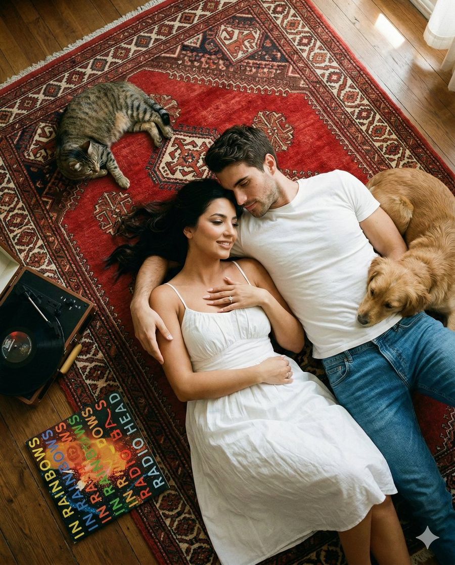 Top Down Cinematic Couple Portrait On A Turkish Rug Image To Image — Nano Banana Pro image prompt example