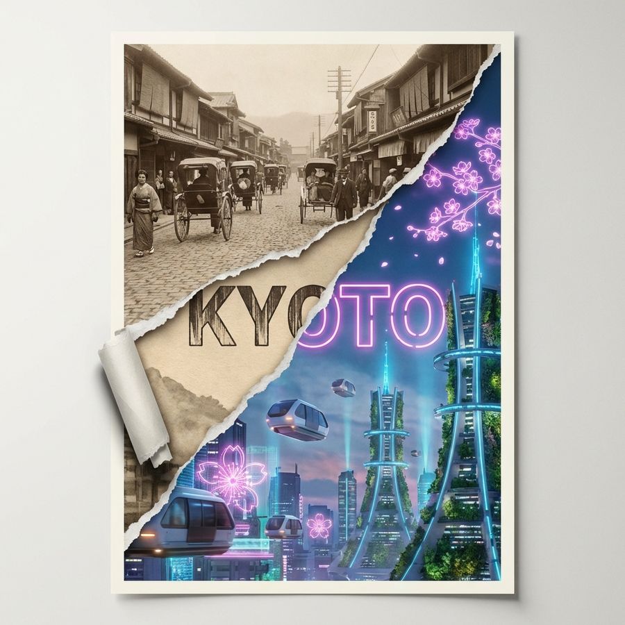 Torn Poster Of Contrasting Kyoto Eras — Nano Banana Pro image prompt example