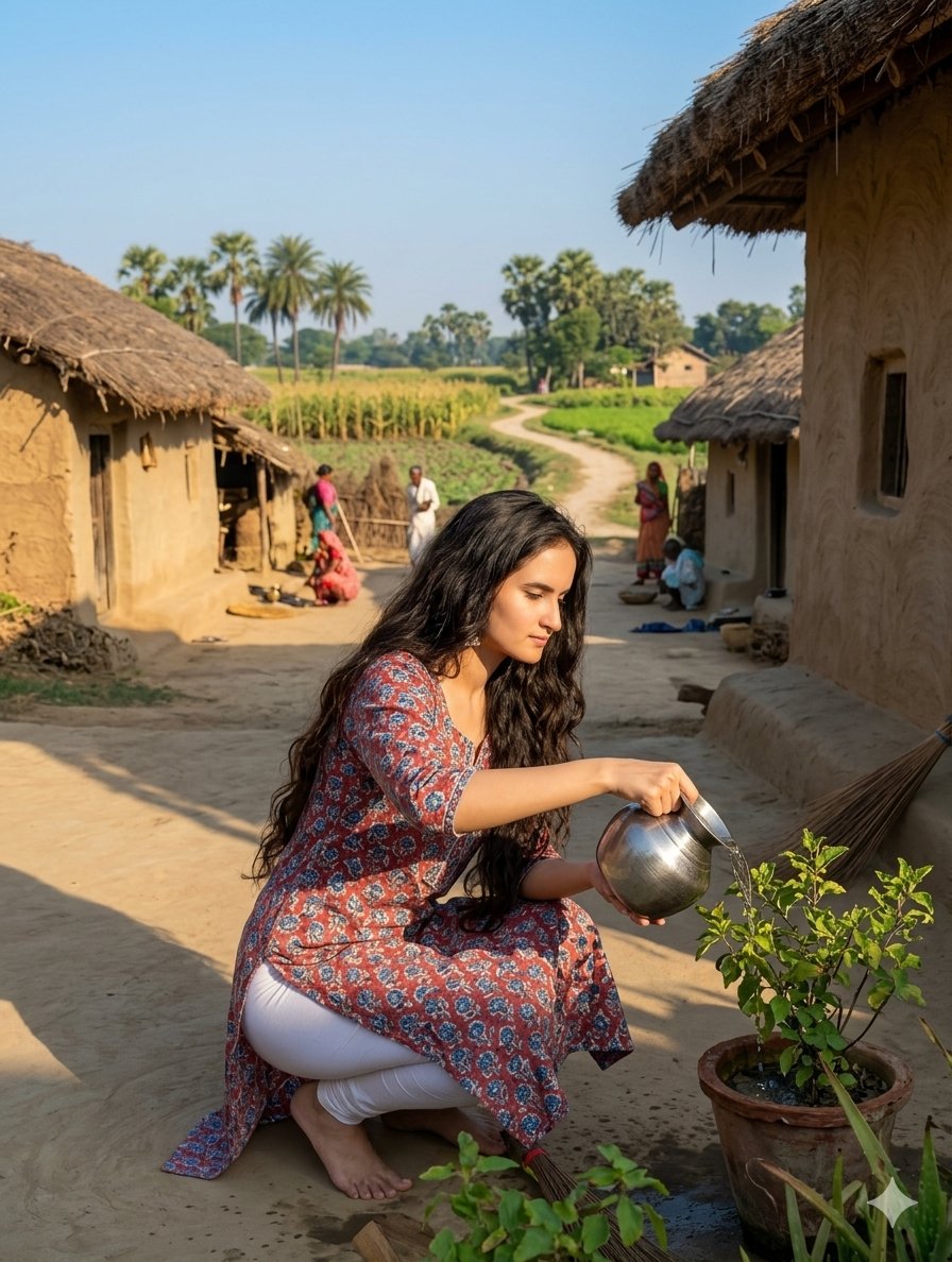 Traditional Indian Village Watering Plant — Nano Banana Pro image prompt example