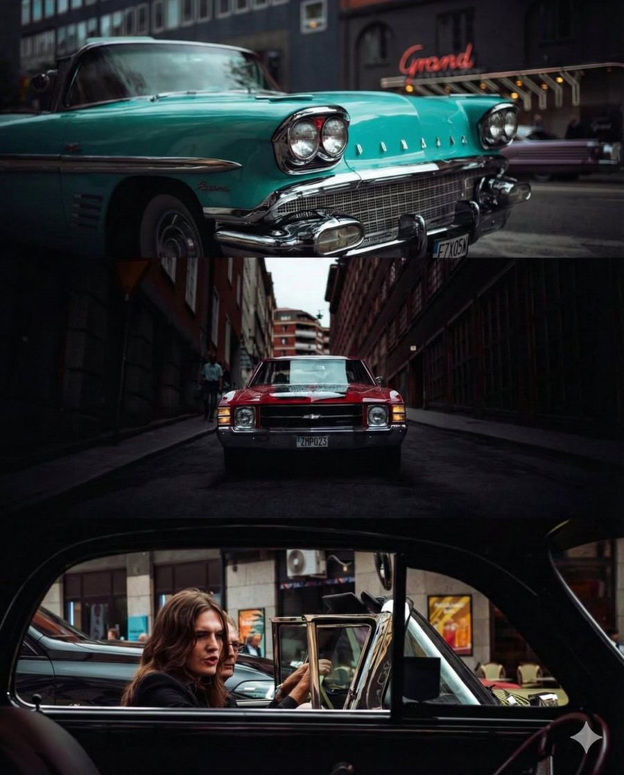 Triptych Collage Of Vintage American Cars — Nano Banana Pro image prompt example
