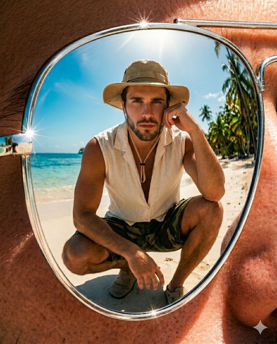 Tropical Beach Reflection In Sunglasses — Nano Banana Pro image prompt example