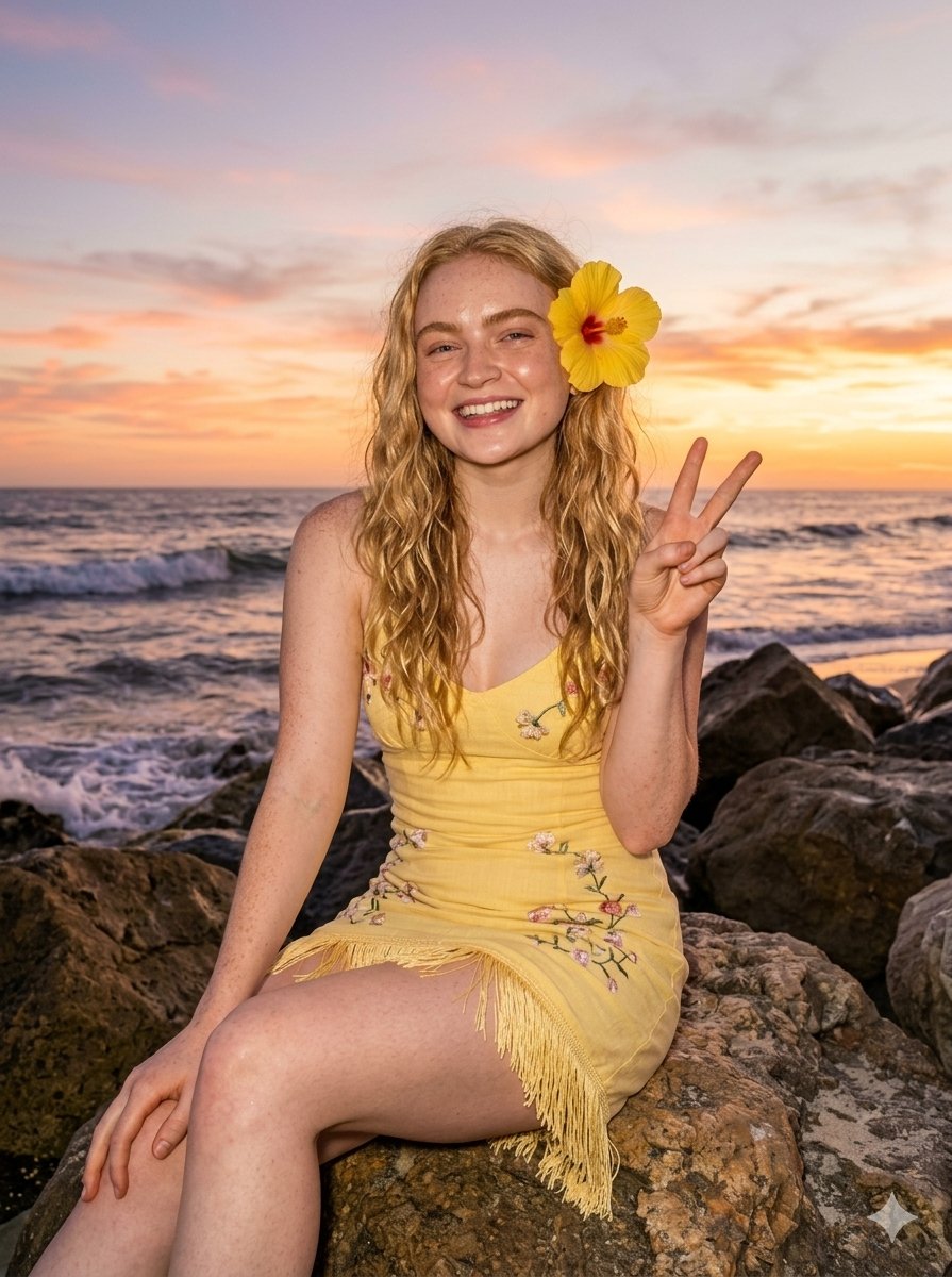 Tropical Beach Sunset Fashion — Nano Banana Pro image prompt example