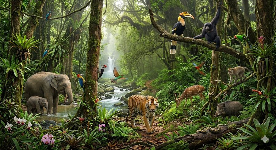 Tropical Rainforest Wildlife Ecosystem — Nano Banana Pro image prompt example