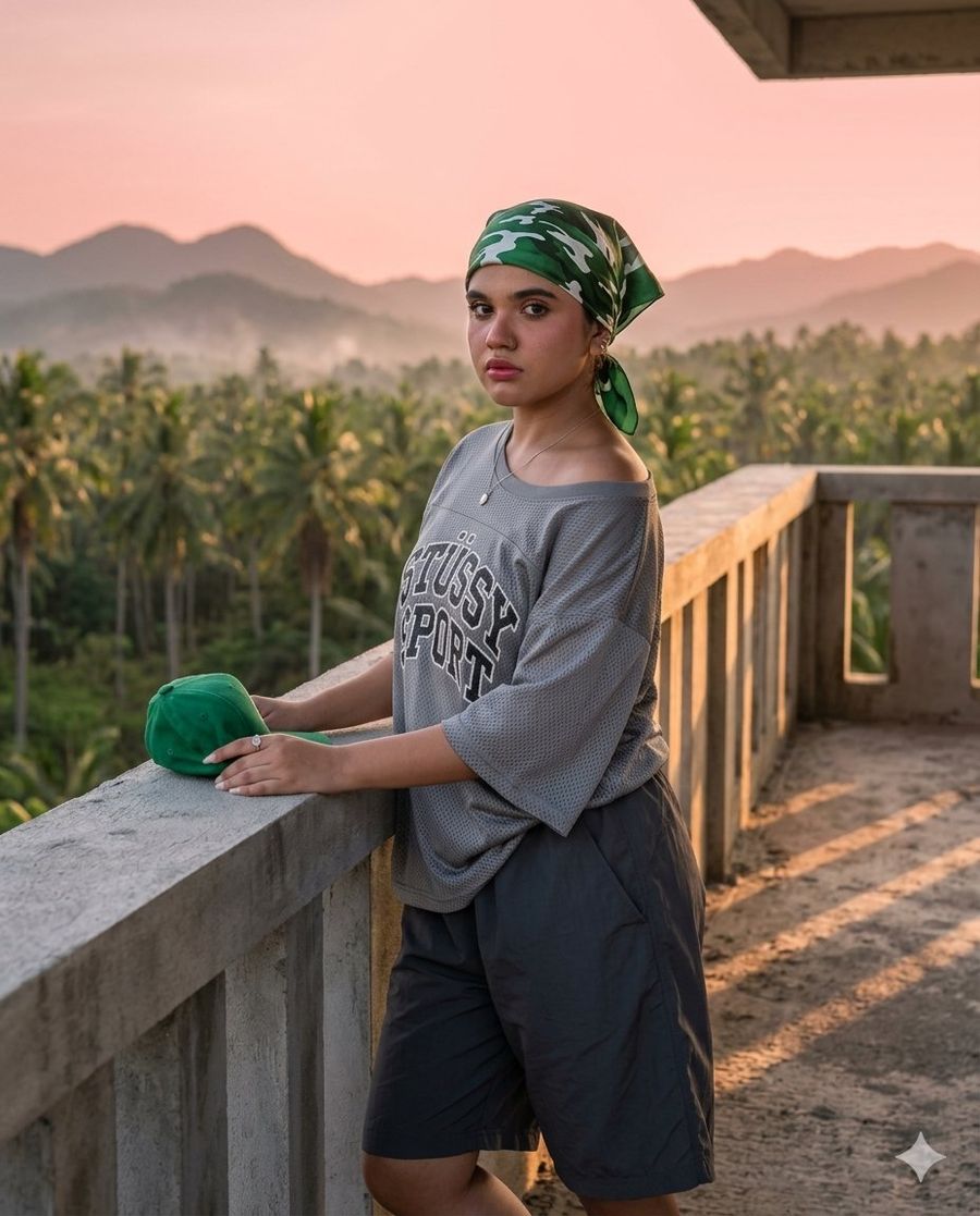 Tropical Rooftop Sunset Portrait — Nano Banana Pro image prompt example