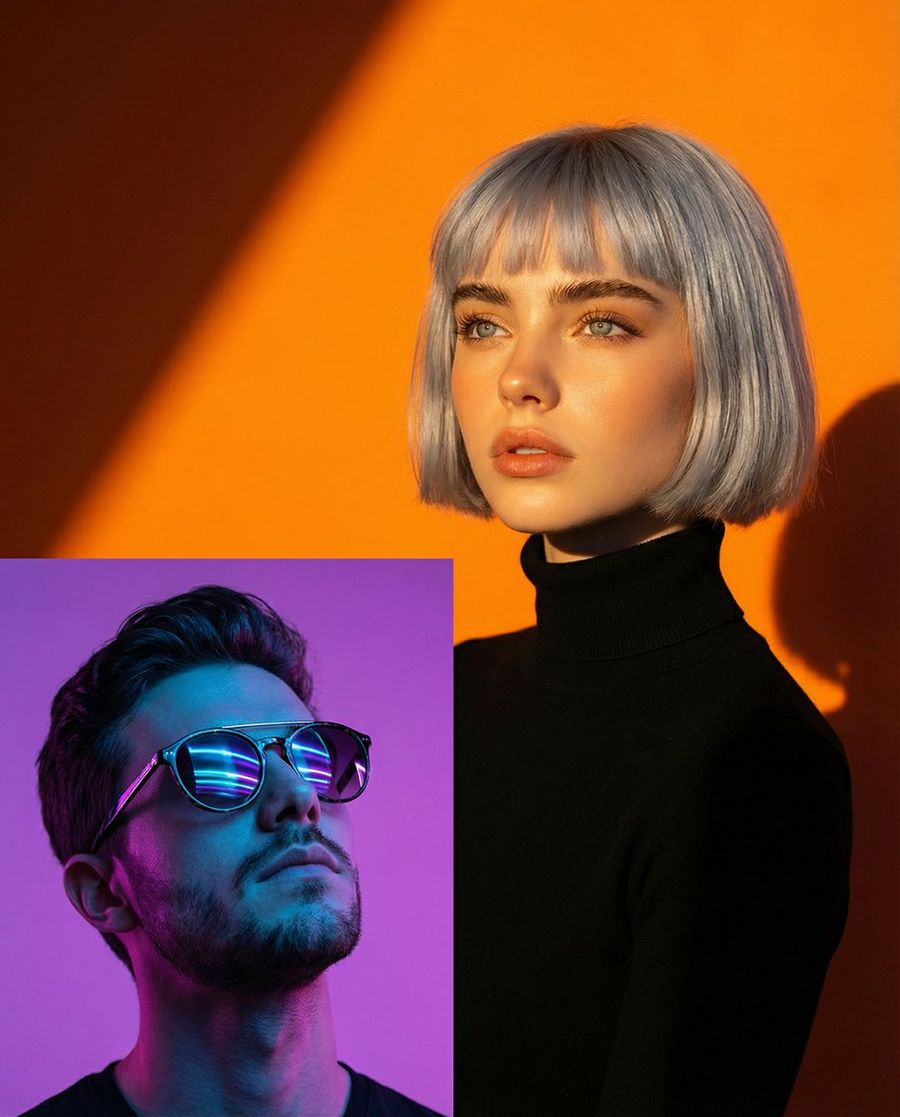 Two Dramatic Portraits Neon Man And Golden Hour Woman — Nano Banana Pro image prompt example