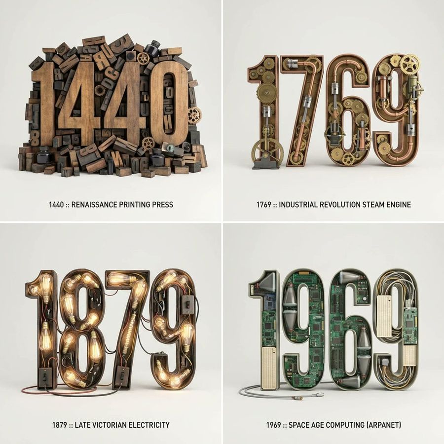 Typographic Sculpture Of Historical Inventions — Nano Banana Pro image prompt example