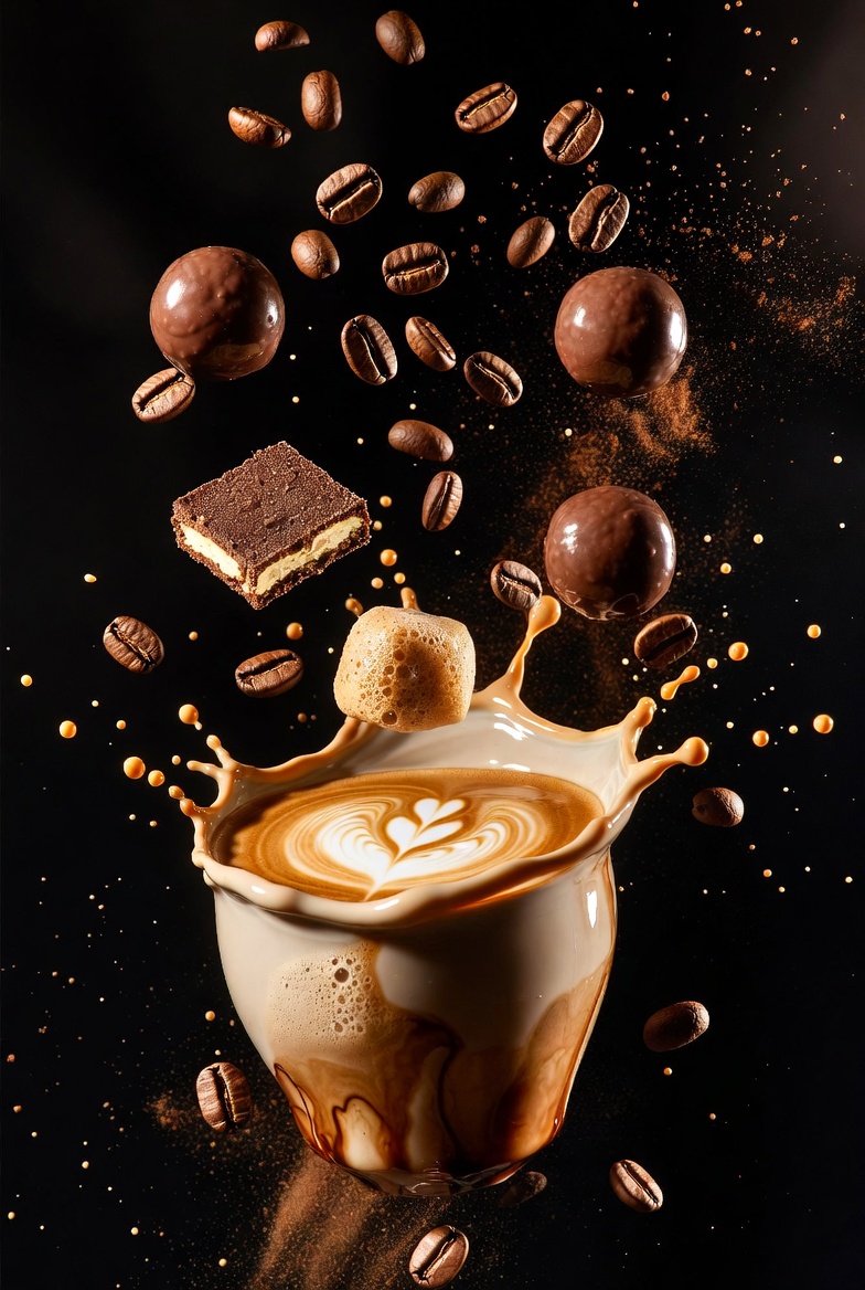 Ultra Cinematic Splash Photography Of Coffee And Chocolate — Nano Banana Pro image prompt example