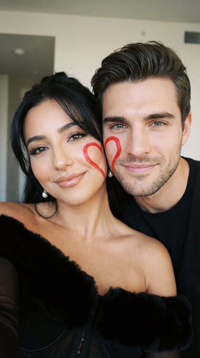 Ultra Close Photorealistic Couple Selfie With Heart Cheek Paint — Nano Banana Pro image prompt example