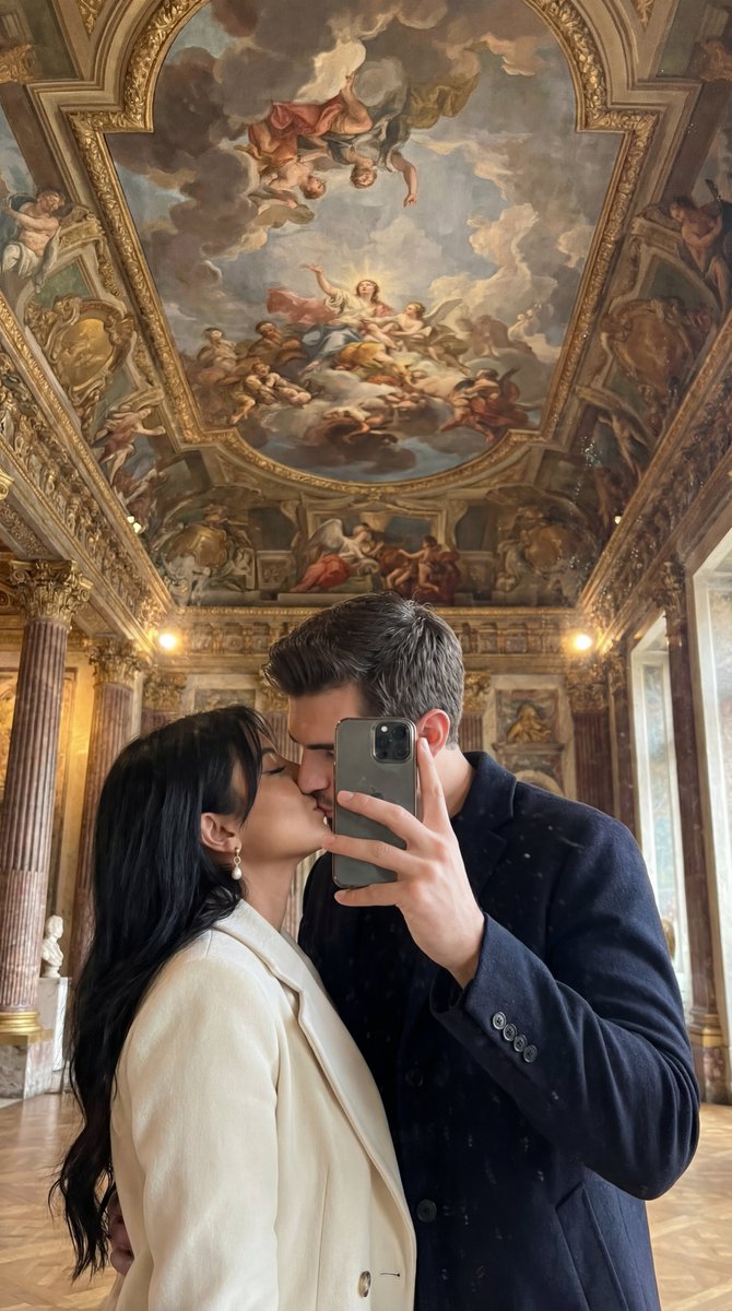Ultra Photoreal Museum Mirror Kiss Selfie With Identity Lock — Nano Banana Pro image prompt example