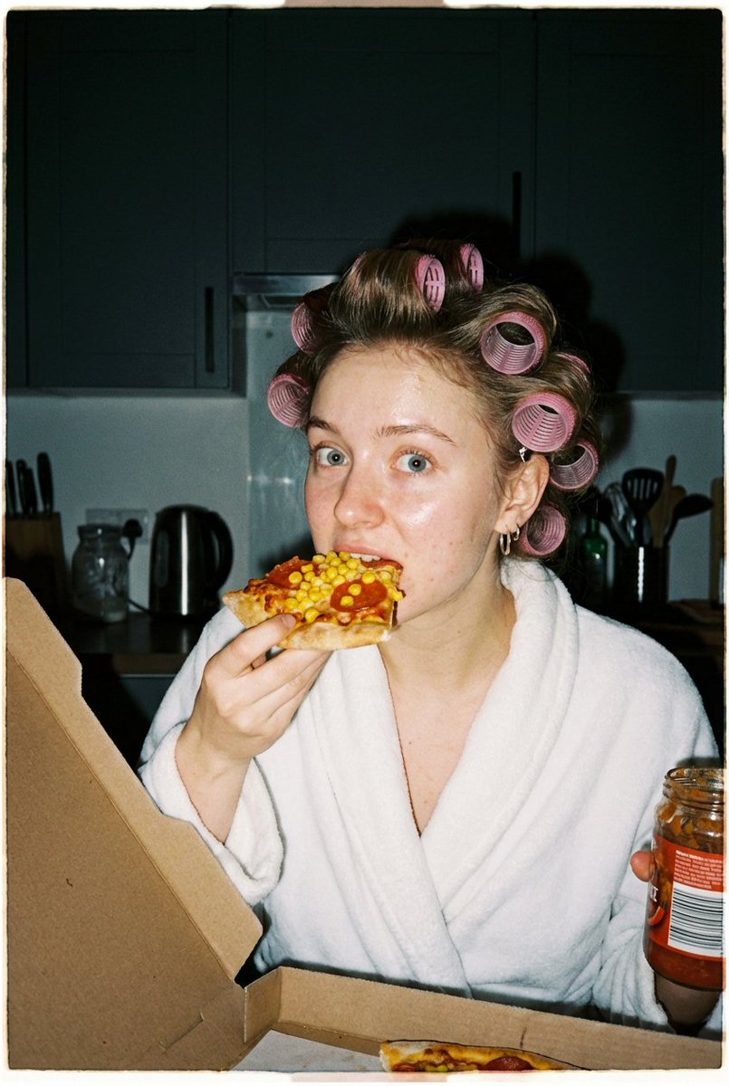 Ultra Photorealistic Candid Flash Portrait Of A Woman Eating Pizza — Nano Banana Pro image prompt example