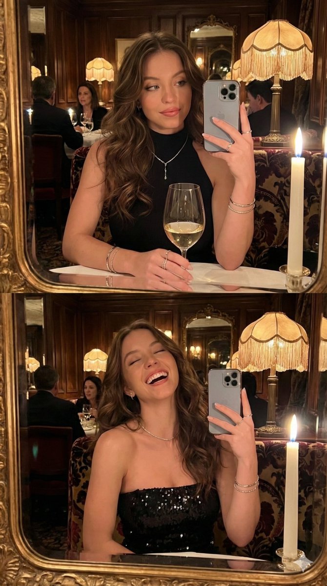 Ultra Photorealistic Mirror Selfie Pov In A Vintage Bistro Duplicate — Nano Banana Pro image prompt example