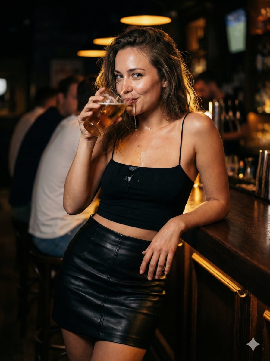 Ultra Photorealistic Nightlife Portrait With Spilled Beer — Nano Banana Pro image prompt example