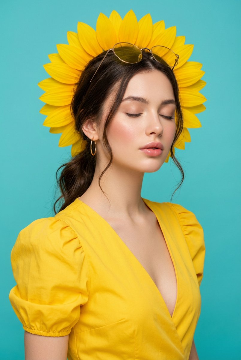 Ultra Realistic Commercial Portrait With Yellow Dress And Turquoise Background — Nano Banana Pro image prompt example