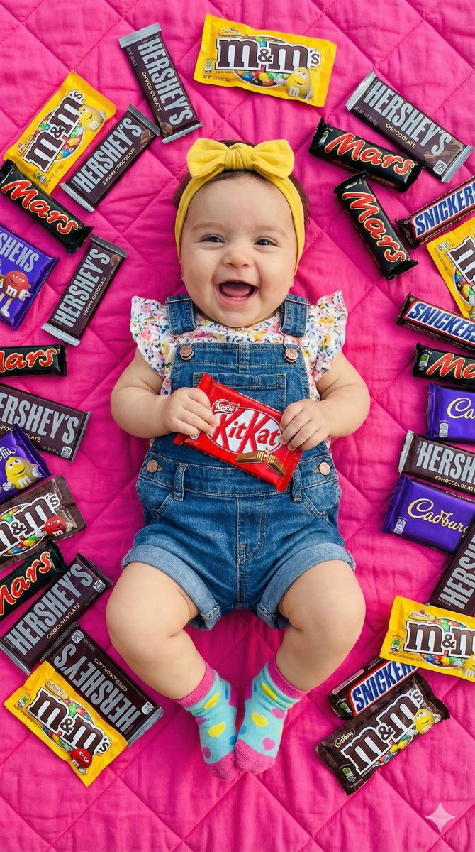 Ultra Realistic Flat Lay Of Baby With Chocolate Brands — Nano Banana Pro image prompt example