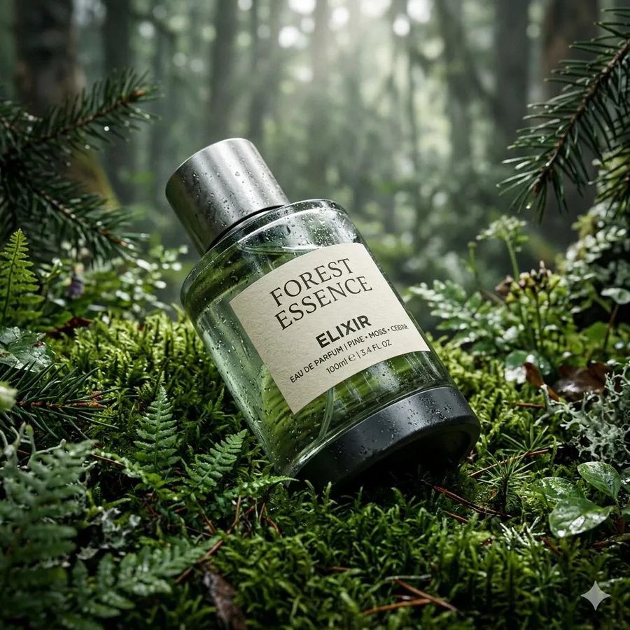 Ultra Realistic Forest Essence Elixir Perfume Product Shot — Nano Banana Pro image prompt example