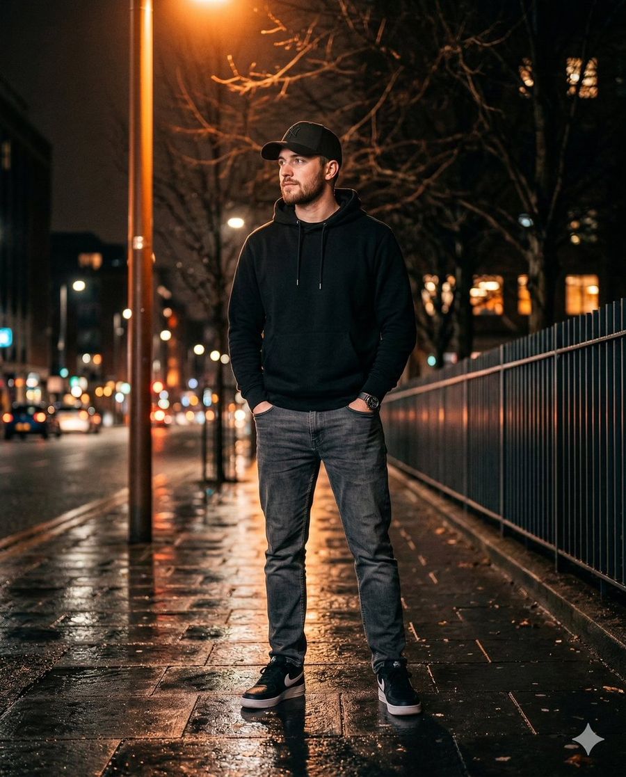 Ultra Realistic Night Photo Of A Stylish Young Man — Nano Banana Pro image prompt example