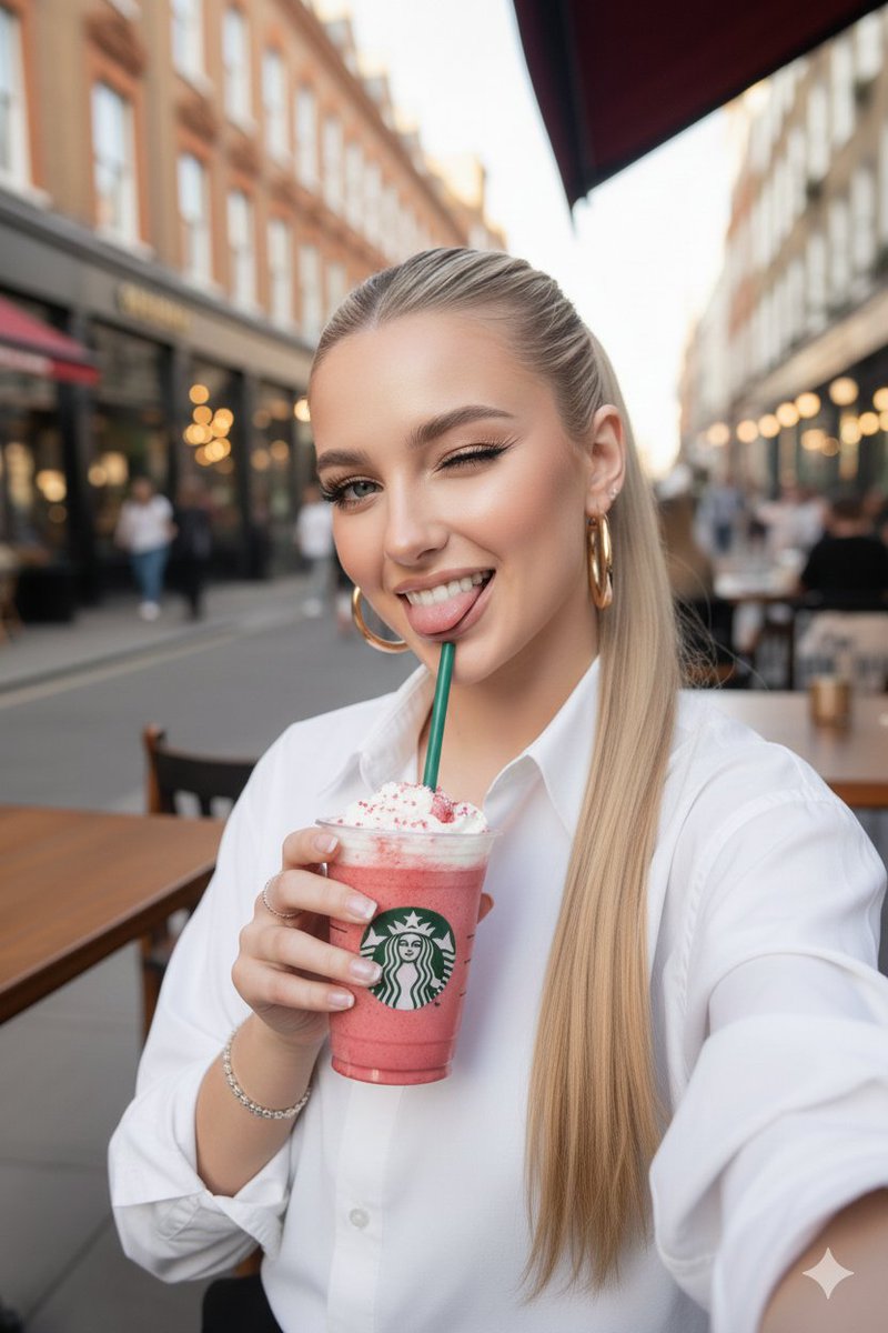 Ultra Realistic Starbucks Selfie At Golden Hour — Nano Banana Pro image prompt example