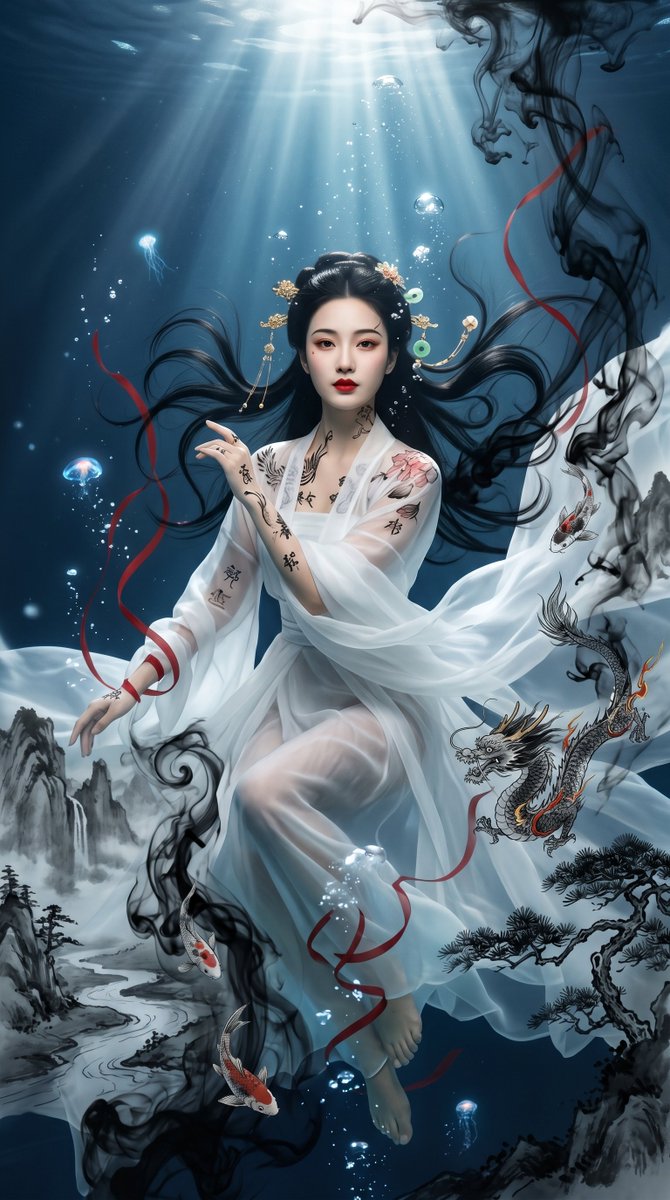 Underwater Chinese Ink Dreamscape Portrait — Nano Banana Pro image prompt example