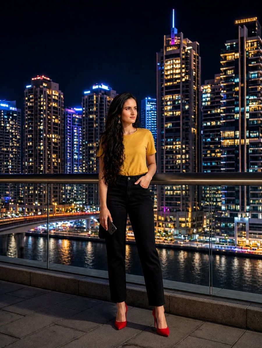 Urban Balcony Night Portrait Dubai — Nano Banana Pro image prompt example