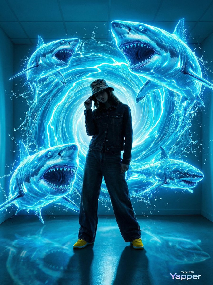 Urban Fantasy Summoning Scene With Liquid Sharks — Nano Banana Pro image prompt example