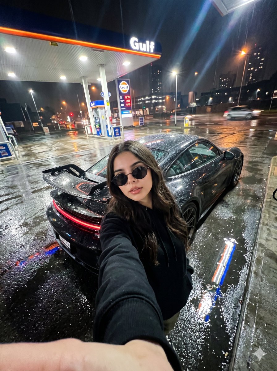 Urban Night Gas Station Porsche — Nano Banana Pro image prompt example