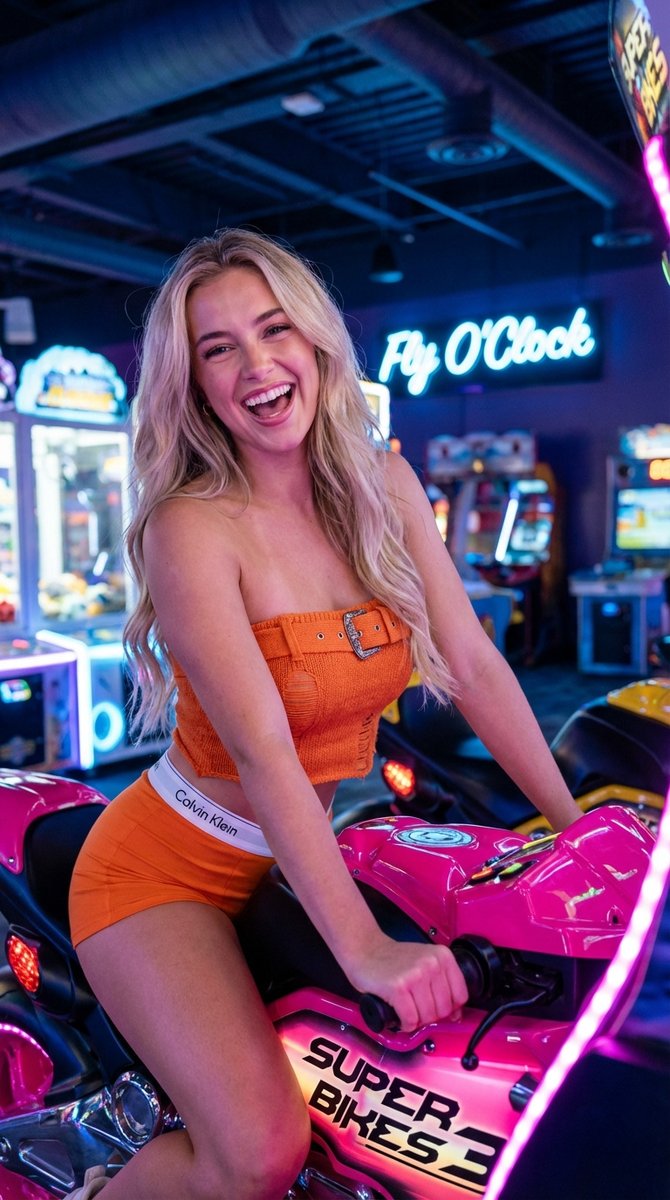 Vibrant Arcade Portrait With Orange Outfit And Neon Lights — Nano Banana Pro image prompt example