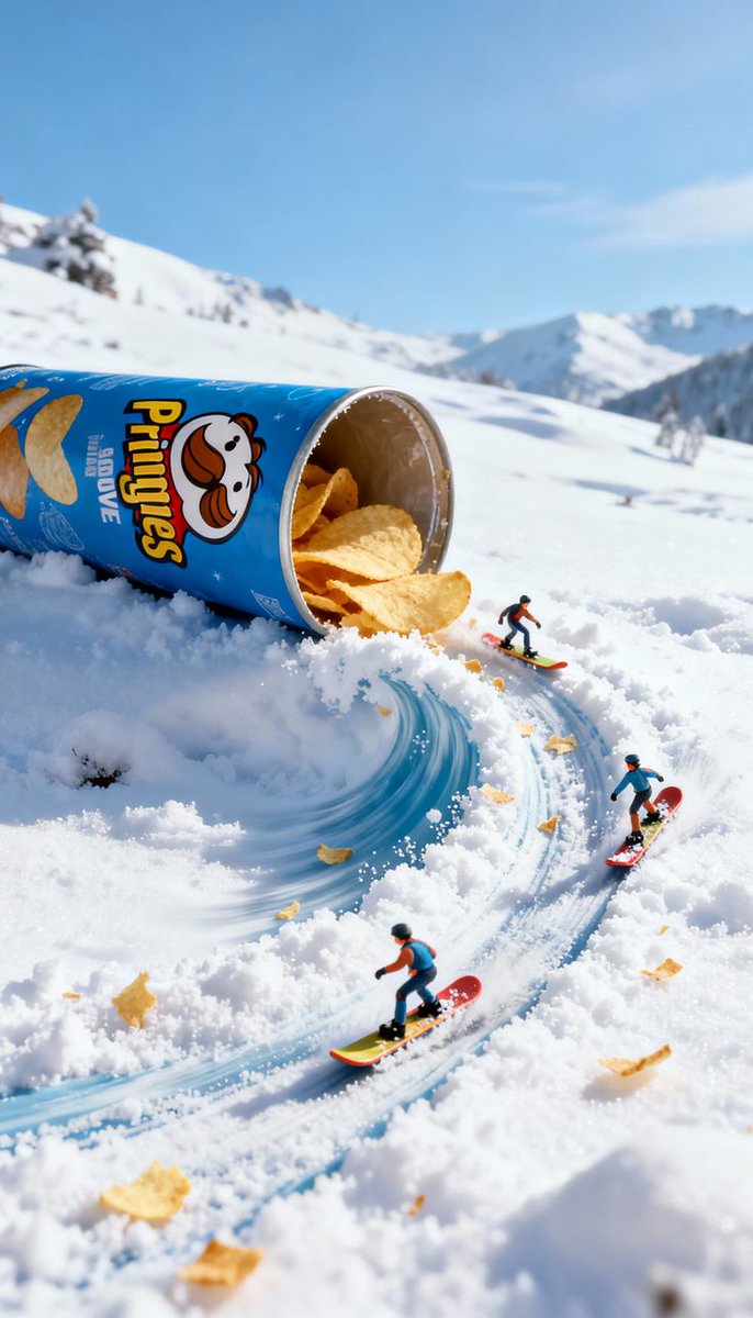 Video Prompt For Surreal Miniature Pringles Can Snowboard Scene — Nano Banana Pro image prompt example