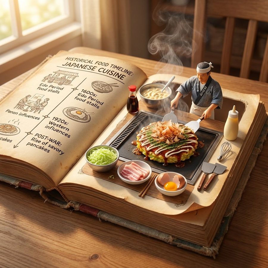 Vintage Cookbook Food Scene Template Okonomiyaki — Nano Banana Pro image prompt example