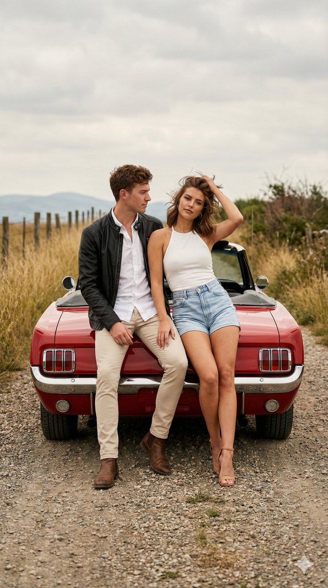 Vintage Couple On Red Classic Convertible In Countryside — Nano Banana Pro image prompt example