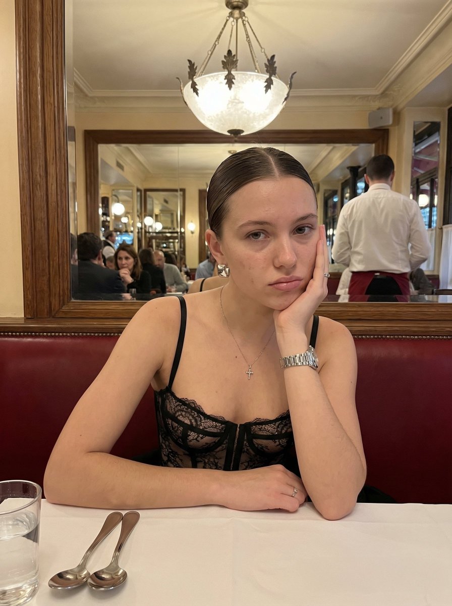 Warm Lit Bistro Portrait Of A Young Woman — Nano Banana Pro image prompt example