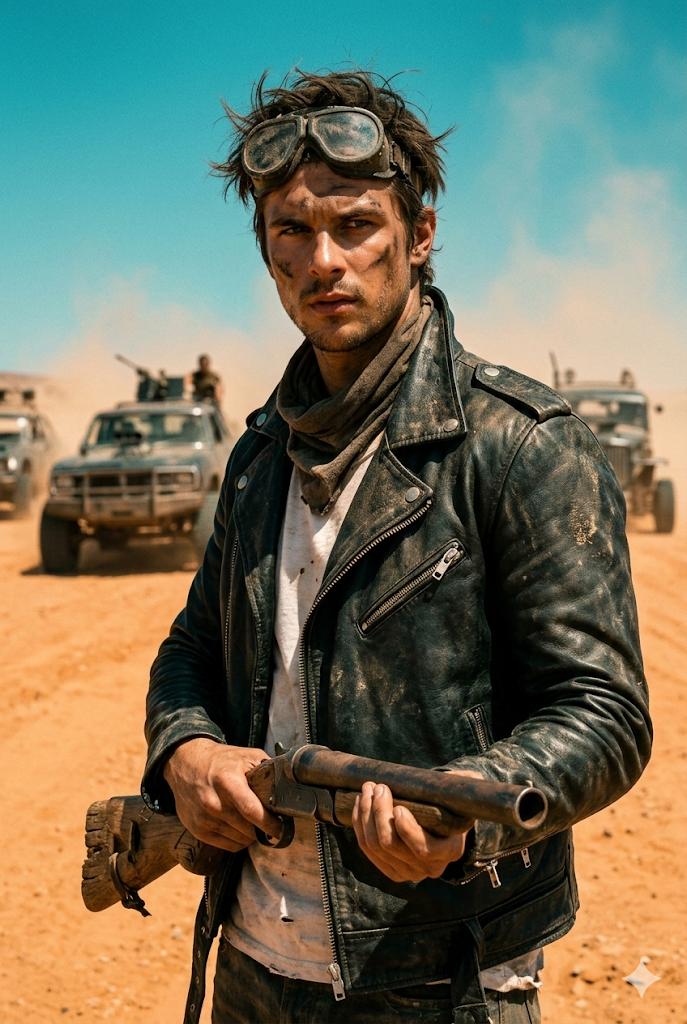 Wasteland Survivor Cinematic Film Still Mad Max Style — Nano Banana Pro image prompt example