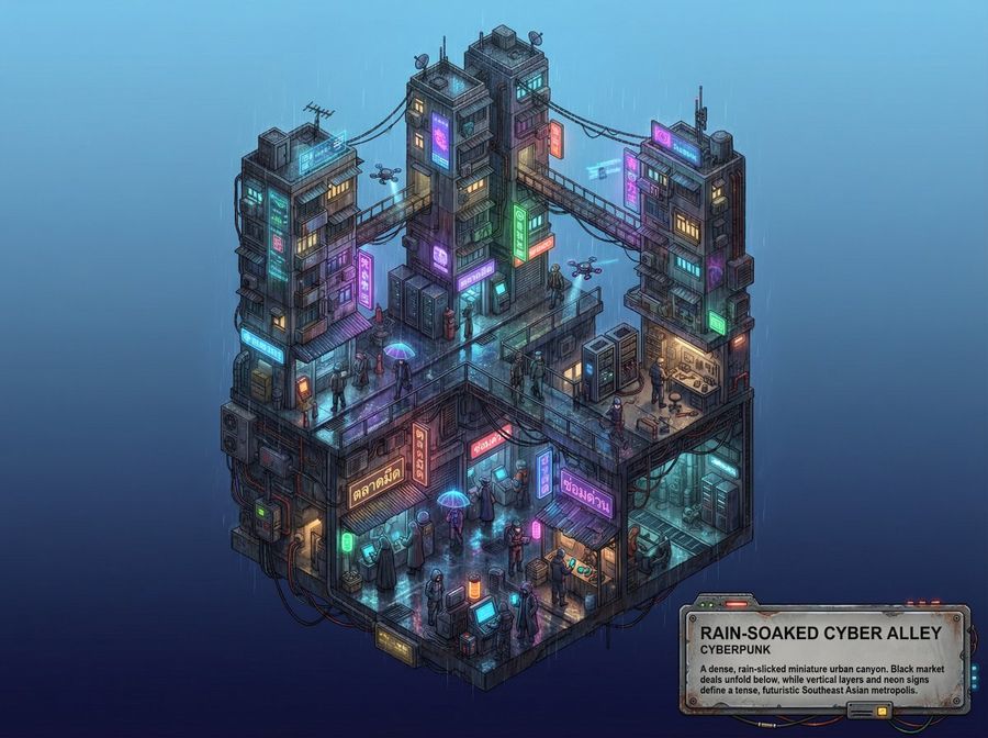 Whimsical Cyberpunk Alley Network — Nano Banana Pro image prompt example