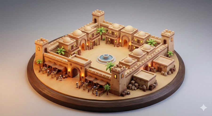 Whimsical Diorama Of A Fortified Desert Caravanserai — Nano Banana Pro image prompt example