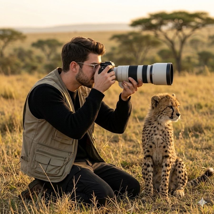 Wildlife Photographer With Cheetah Cub — Nano Banana Pro image prompt example
