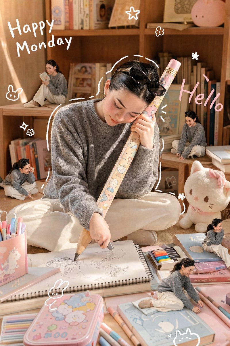 Woman Hugging Giant Pencil Sketchbook — Nano Banana Pro image prompt example