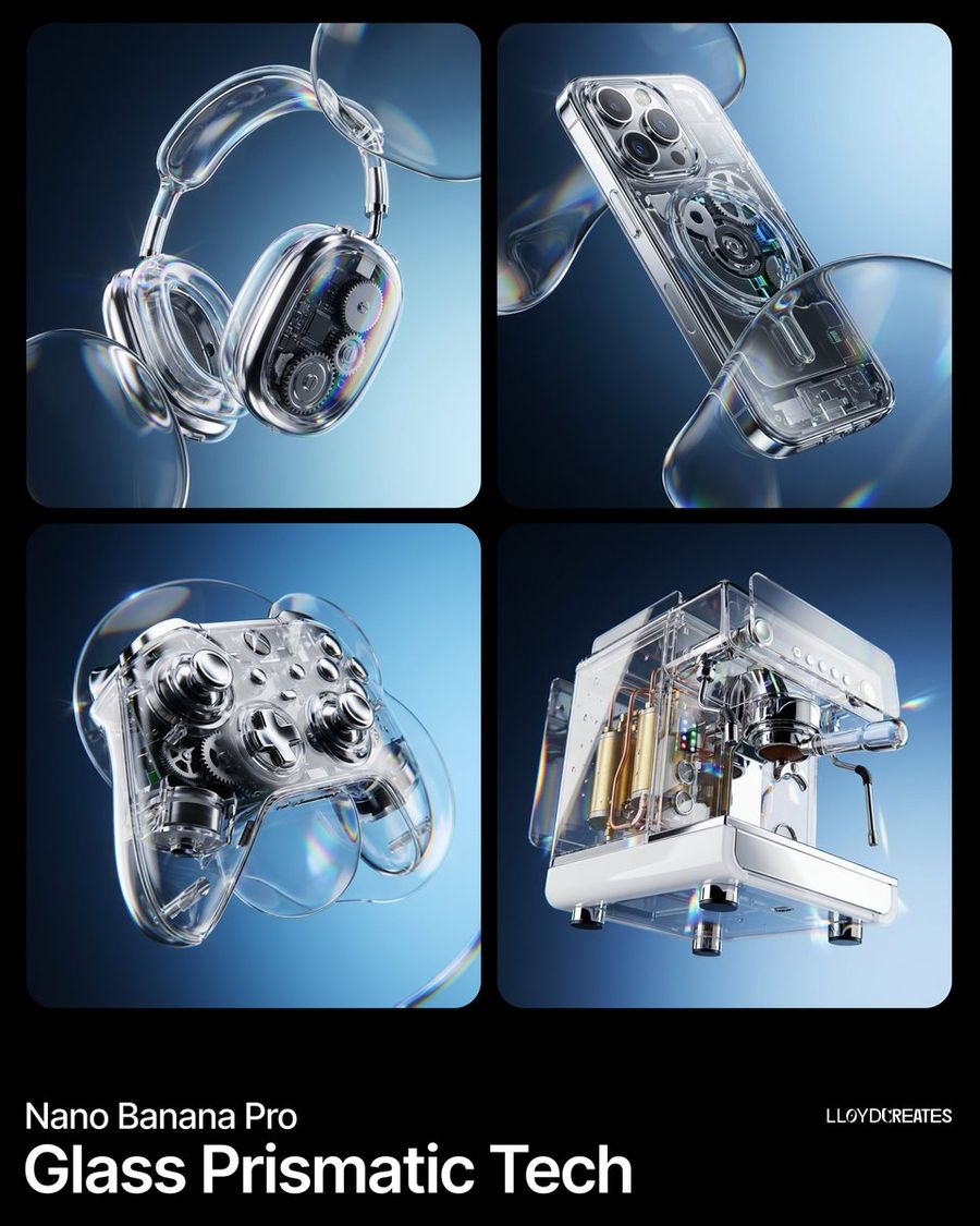 Y2k Frutiger Aero Glass Prismatic Tech Product Shot — Nano Banana Pro image prompt example