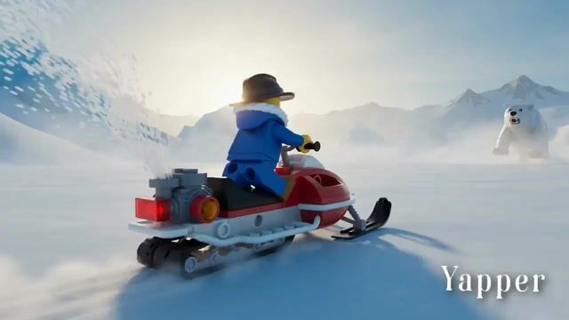 Lego Explorer Minifigure Driving a Mini Snowmobile Across Icy Terrain — Seedance 2.0 video prompt example