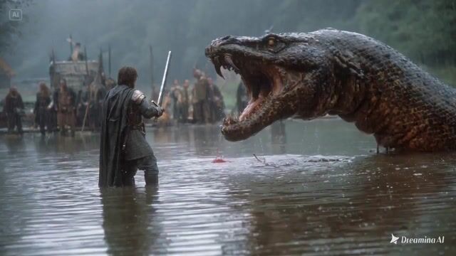 1980s Fantasy Film Scene Of A Knight Fighting A Lake Monster — Seedance 2.0 video prompt example