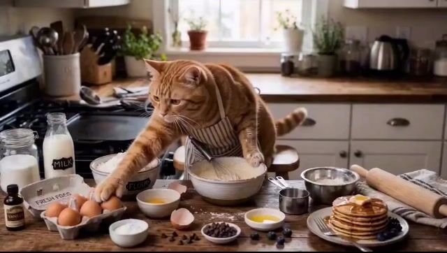 Cat Making Pancakes Cinematic Prompt — Seedance 2.0 video prompt example