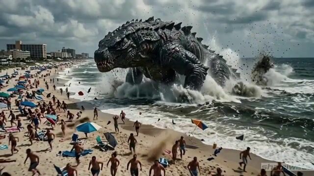 Cinematic Beach Monster Battle — Seedance 2.0 video prompt example