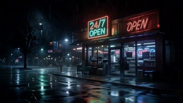Cinematic Raccoon Convenience Store Shift — Seedance 2.0 video prompt example