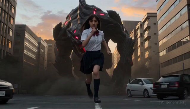 Cinematic Transformation Sequence Of A Japanese High School Girl Fighting A Giant Monster — Seedance 2.0 video prompt example