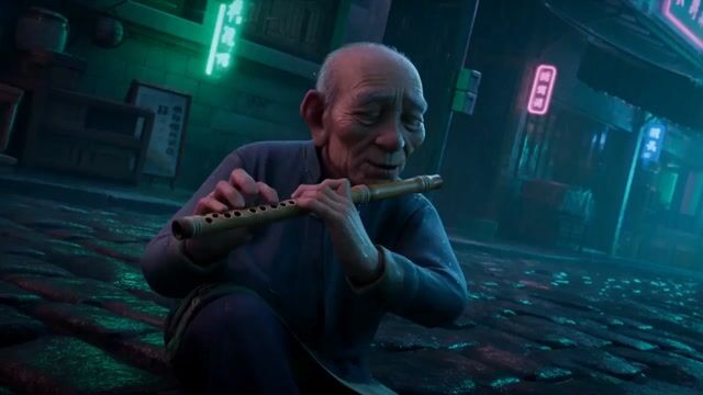 Cultural Contrast Flute Player In Cyberpunk Alley — Seedance 2.0 video prompt example