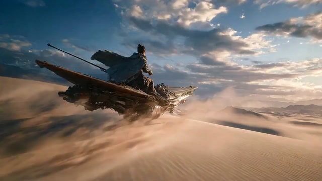 Cyberpunk Wuxia Warrior On A Fishing Boat In The Desert — Seedance 2.0 video prompt example