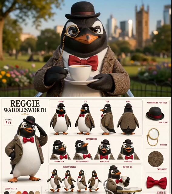 Dapper Penguin Morning Coffee Park — Seedance 2.0 video prompt example
