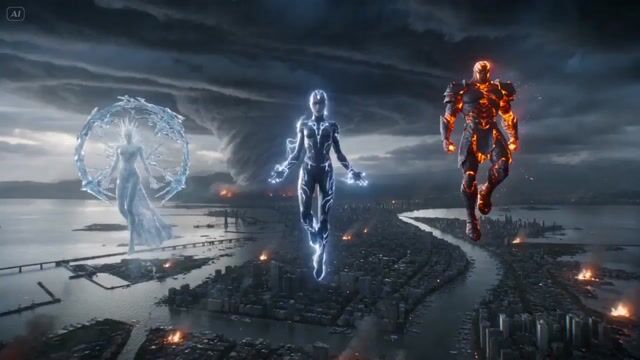 Elemental Superheroes Battle Over Shattered City — Seedance 2.0 video prompt example